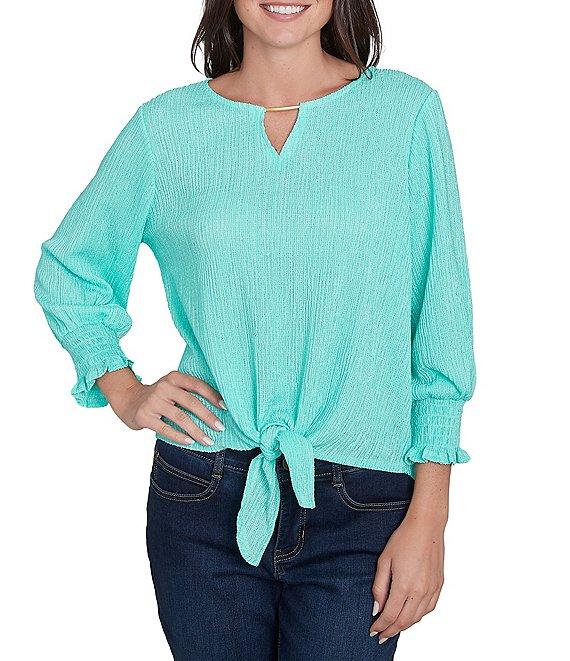 Ruby Rd. Petite Size Knit Crinkle Keyhole Neck Bar 3/4 Sleeve Tie-Front Top Product Image