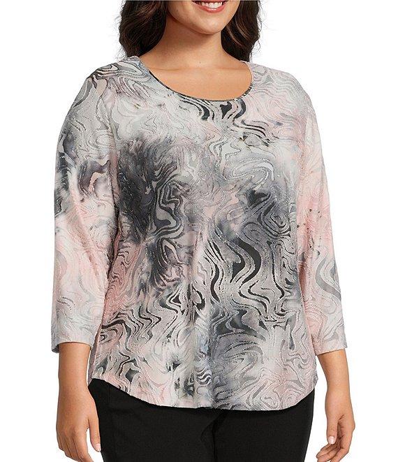 Allison Daley Plus Size Wavy Jod Tie-Dye 3/4 Sleeve Crew Neck Knit Top Product Image
