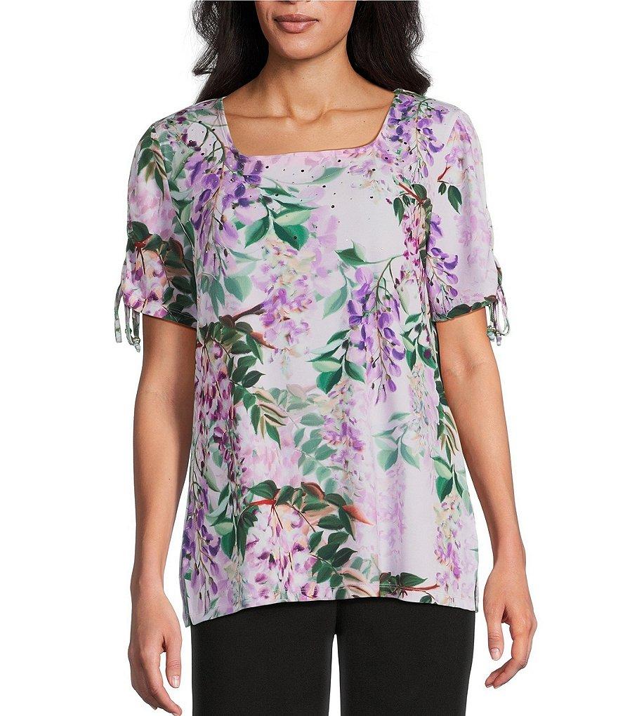 Allison Daley Embellished Floral Print Short Ruched Tie Sleeve Square Neck Knit Top Product Image