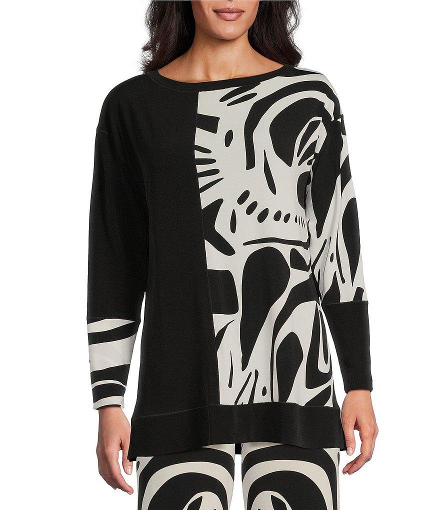 Eva Varro Abstract Print and Solid Combo Knit Jersey Boat Neck 3/4 Sleeve Tunic Product Image