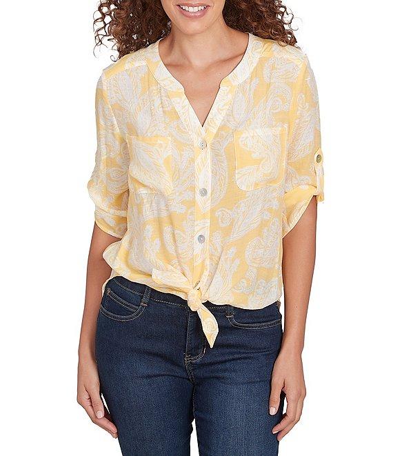 Ruby Rd. Paisley Woven Split V-Neck Elbow Length Roll-Tab Sleeve Button-Front Top Product Image