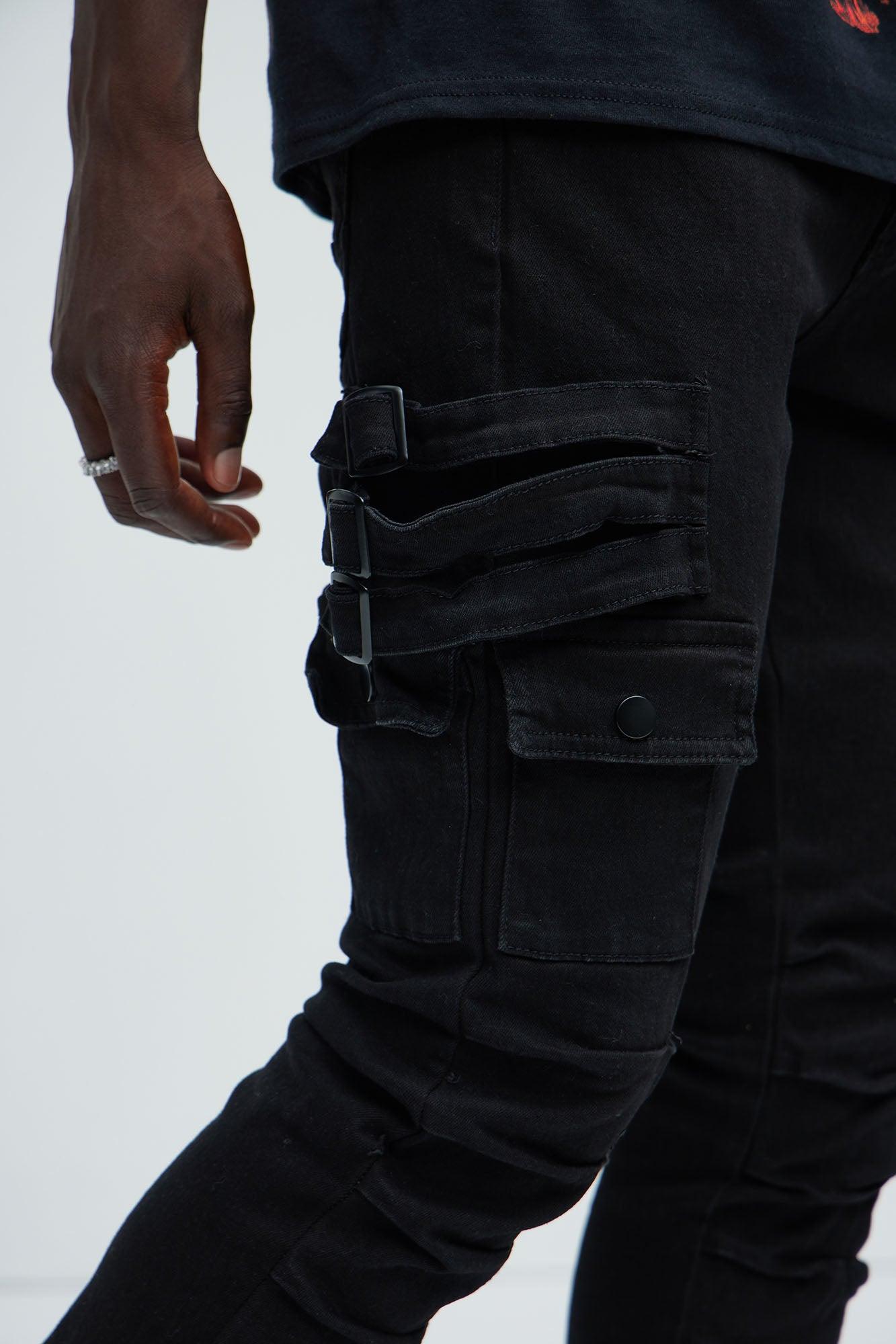 Step In Ruched Skinny Flare Cargo Jeans - Black Product Image