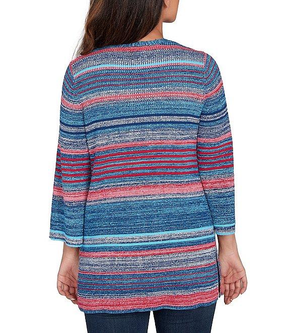Ruby Rd. Rib Knit Stripe 3/4 Sleeve Pocketed Open-Front Cardigan Product Image