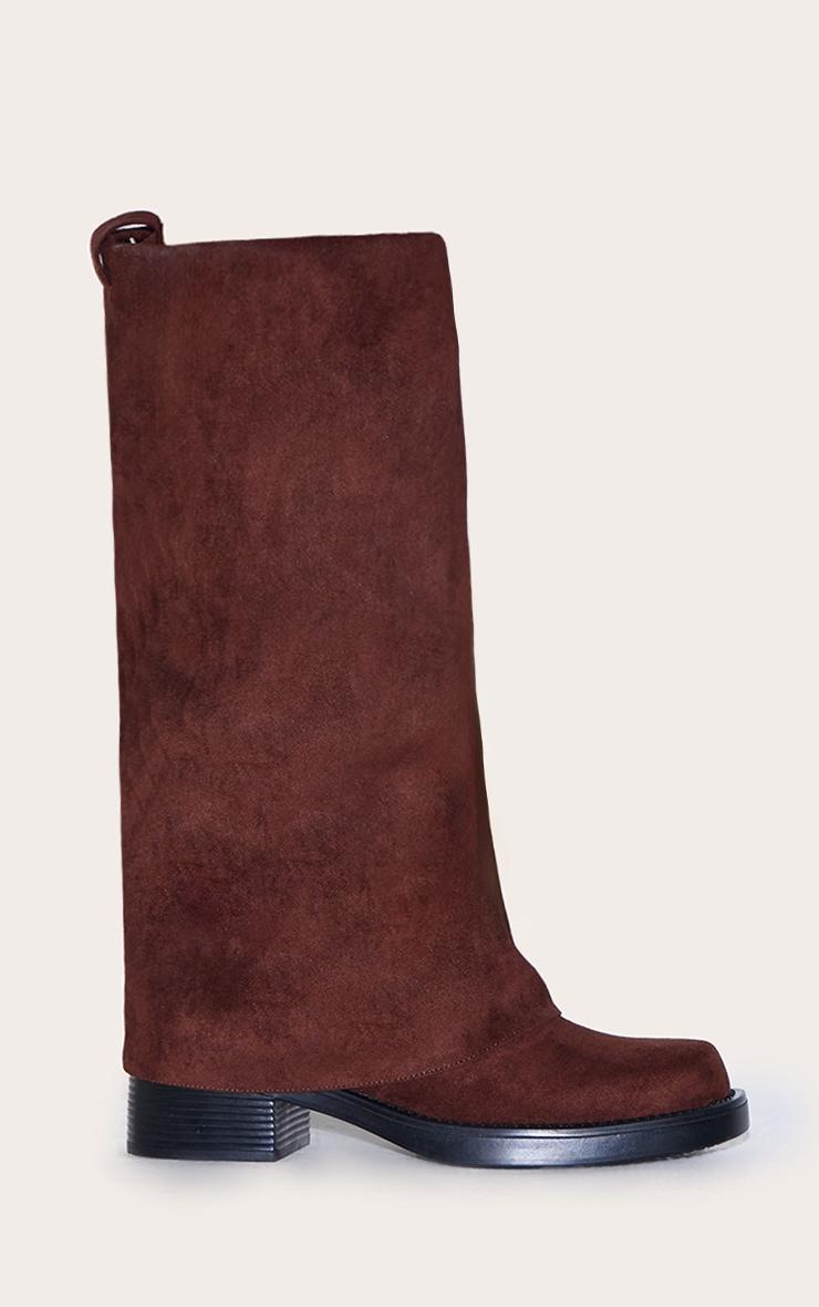 Chocolate Faux Suede Block Heeled Fold Over Knee High Boots Product Image