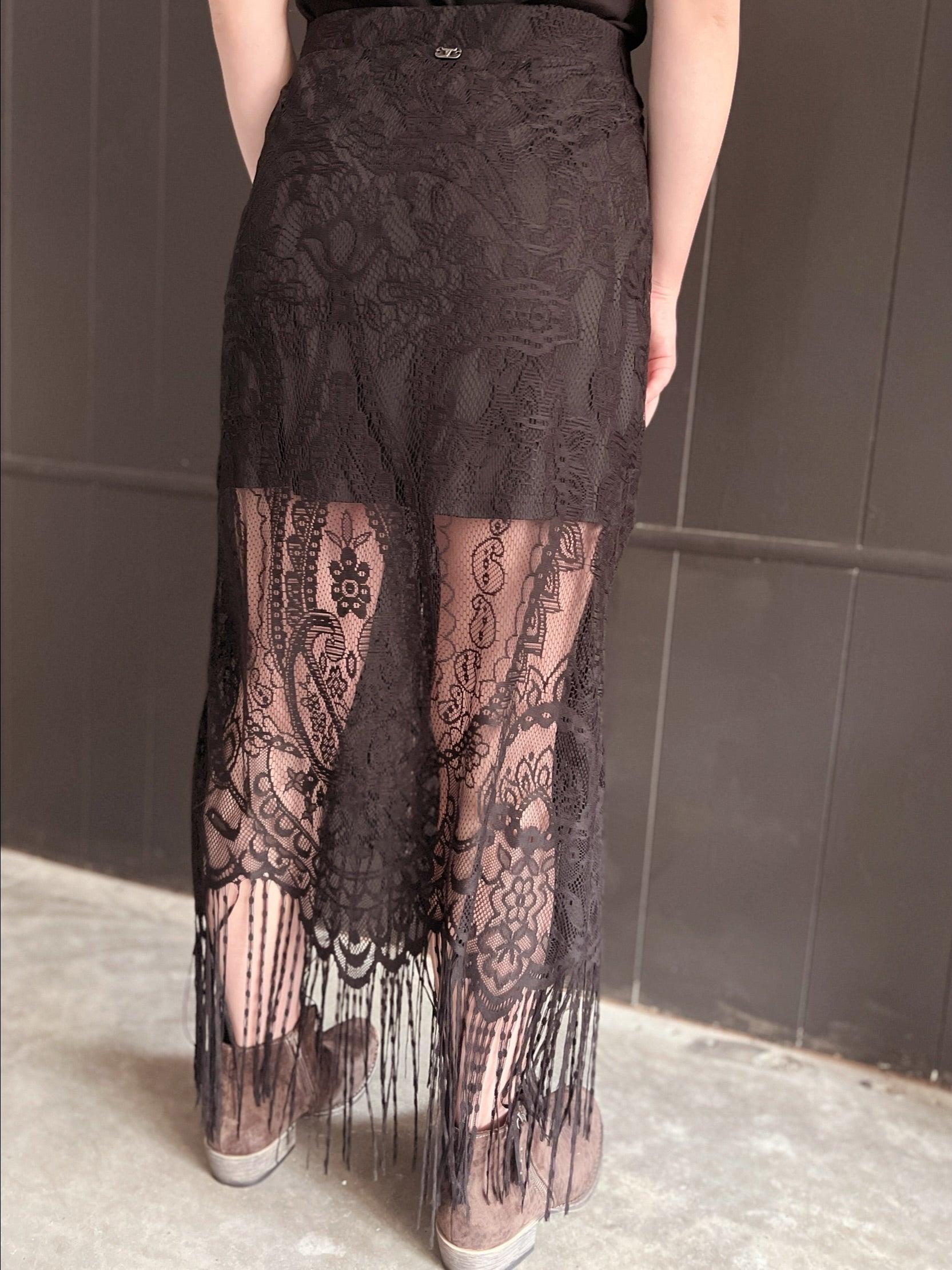 L&B Black Lace Lined Long Skirt With Frayed Hem Product Image