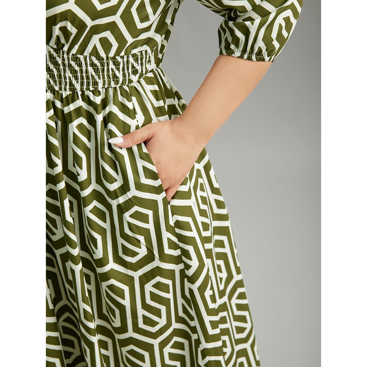 Plus Size Geometric Print V Neck Shirred Dress ArmyGreen Women Office Elastic cuffs V-neck Elbow-length sleeve Curvy Midi Dress BloomChic 26/4X Product Image