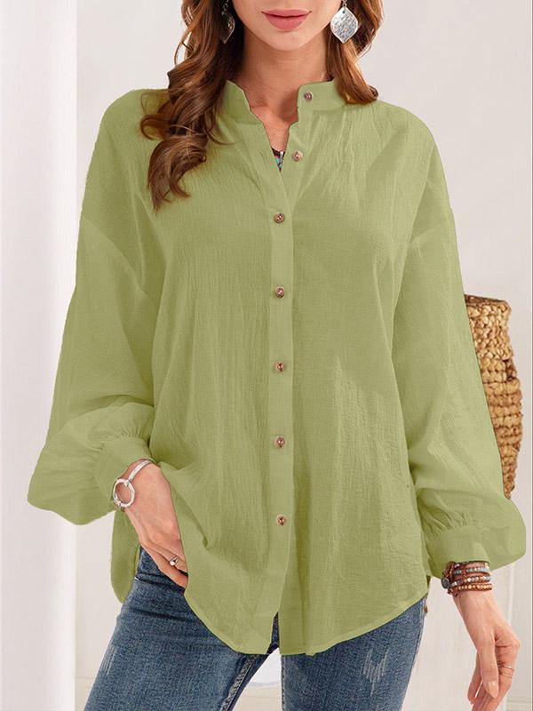 Long Sleeves Loose Buttoned Mock Neck Blouses&Shirts Tops Product Image
