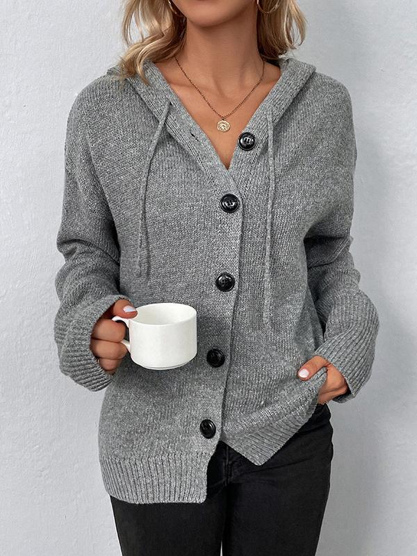 Wrap Buttoned Hooded Solid Color Cardigan Product Image