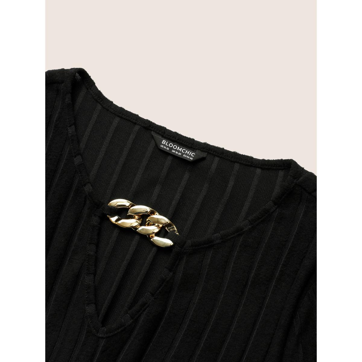 Plus Size Rib Knit Metal Chain Detail Keyhole Hanky Hem Dress Black Women Elegant Texture Keyhole Cut-Out Long Sleeve Curvy Midi Dress BloomChic 12/L Product Image