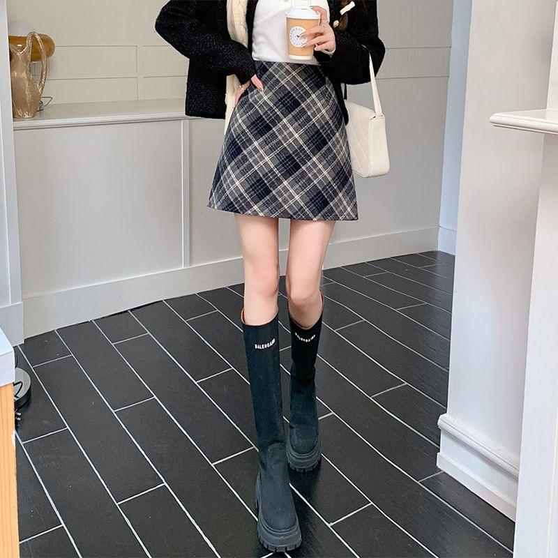 High Waist Plaid Mini A-Line Skirt Product Image