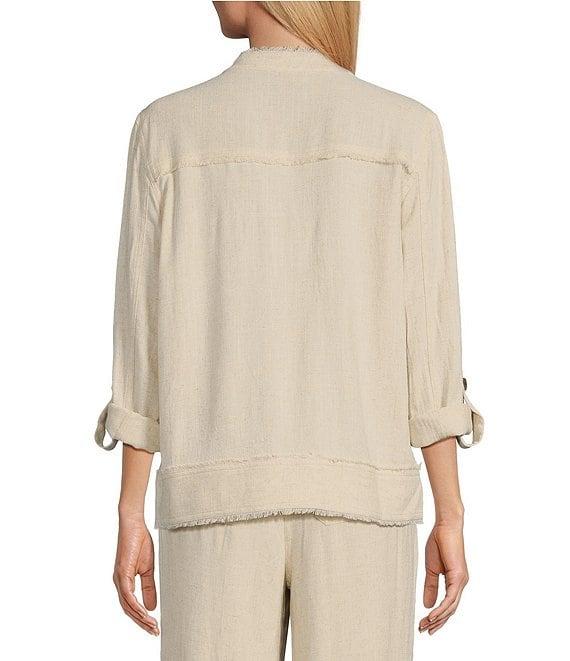 Multiples Solid Linen-Blend Stand Collar Long Roll-Tab Sleeve Button-Front Fitted Coordinating Shirt Product Image