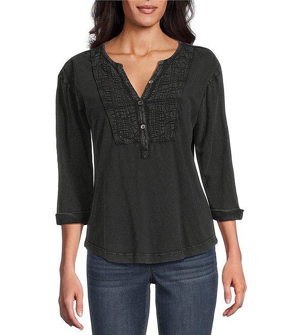 Westbound Knit 3/4 Sleeve Solid Henley Neck Top Product Image