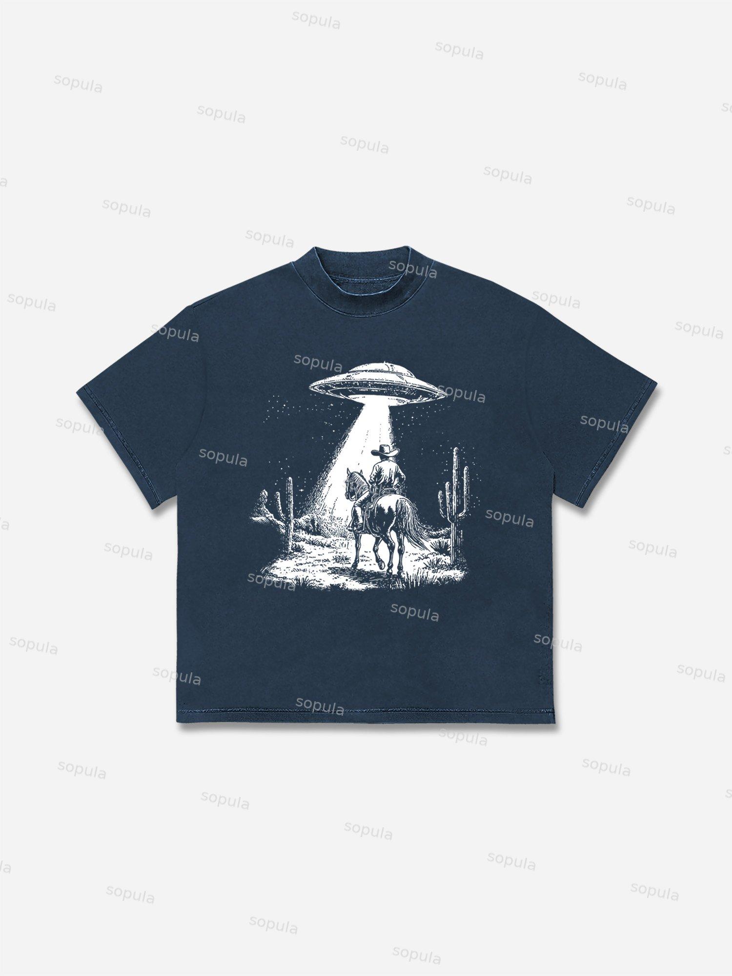 Ufo Western Cowboy Graphic Cotton T-shirt Product Image