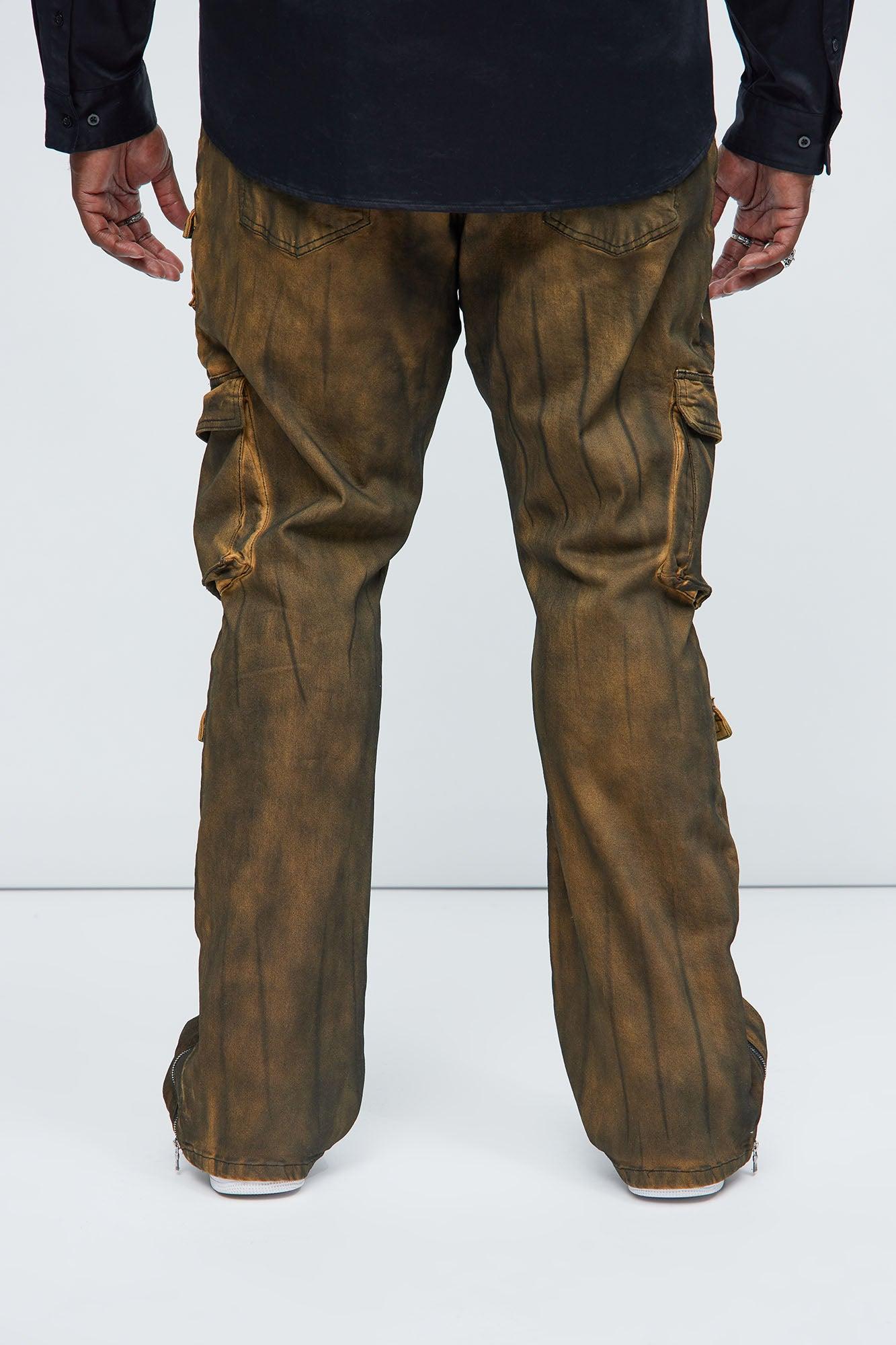 Pocket Me Cargo Stacked Skinny Zipper Flare Jeans - Brown Product Image