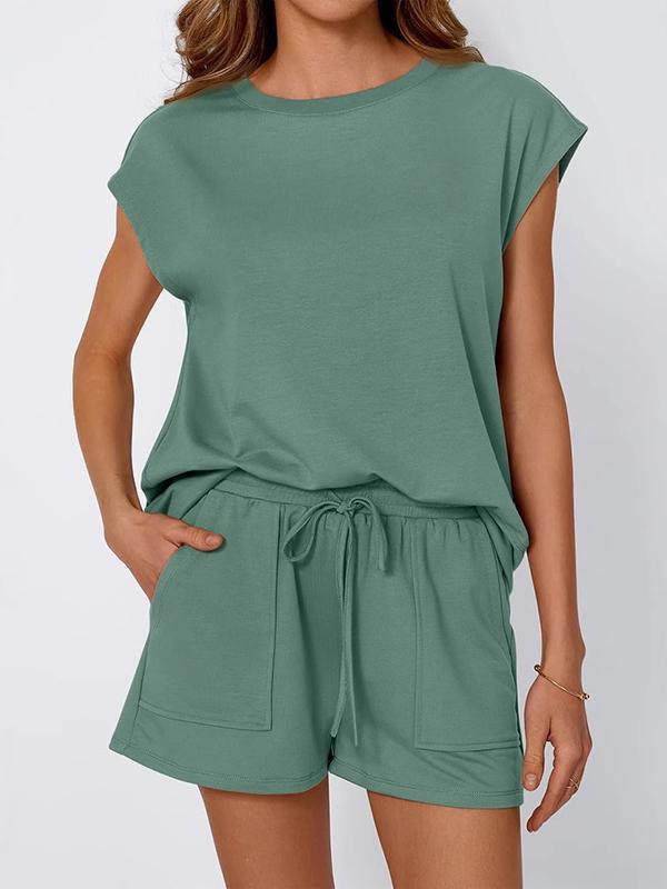 Loose Raglan Sleeve Solid Color Split-Joint Round-Neck T-Shirt + Drawstring Elasticity Shorts Two Pieces Set Product Image