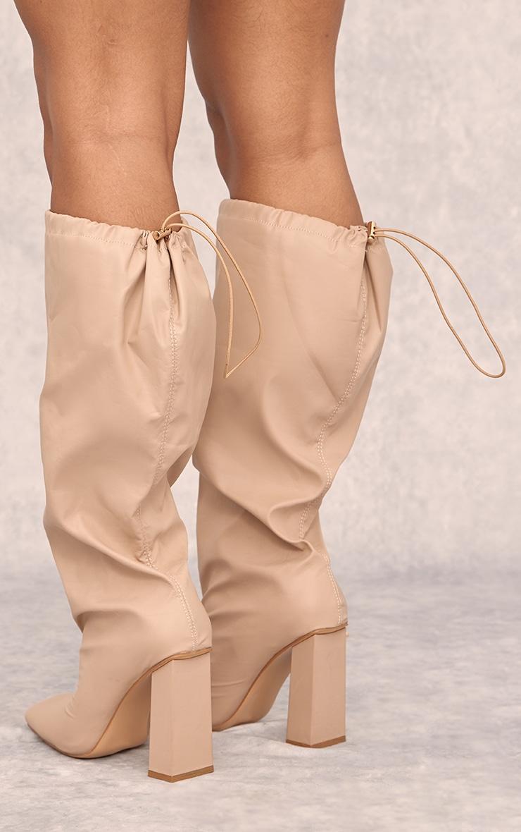 Beige Wide Fit PU Square Toe Knee High Block Heel Toggle Boots Product Image