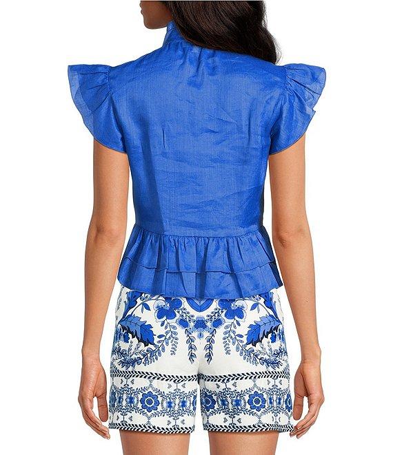 A Loves A Woven Ruffle Collar Split V-Neck Flutter Cap Sleeve Cropped Blouse Product Image