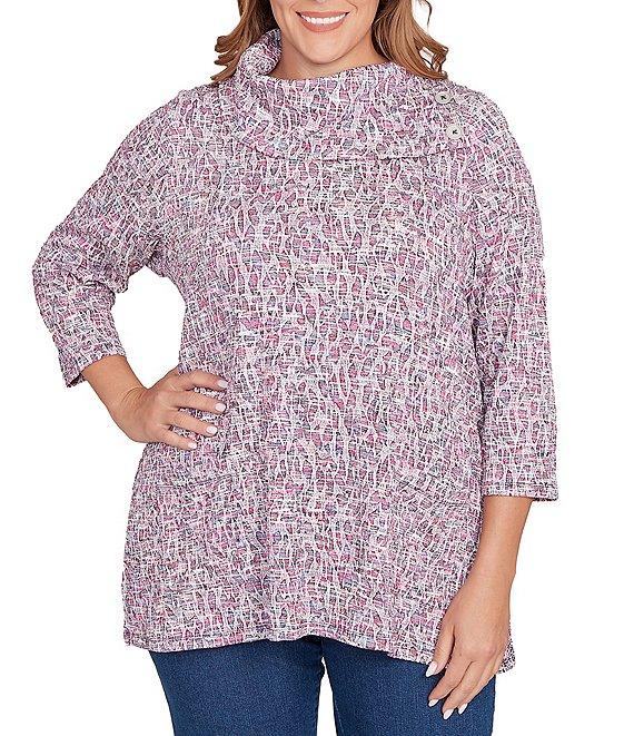 Ruby Rd. Plus Size Textured Jacquard Knit Space-Dyed Print Cowl Neck 3/4 Sleeve Sweater Product Image