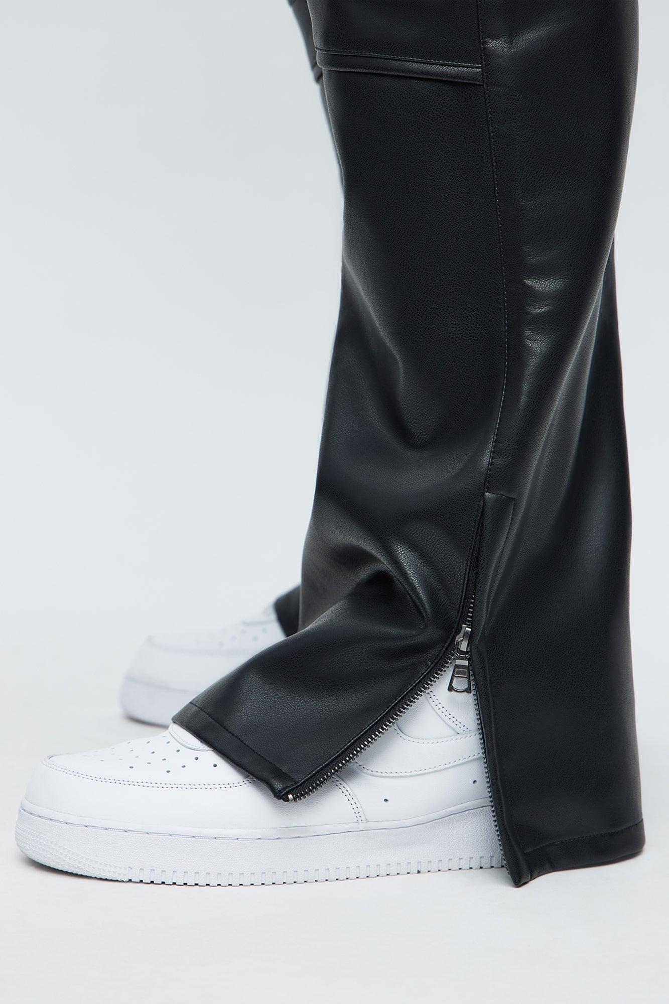 Slim Flare Zipper Pocket Faux Leather Pants - Black Male Product Image