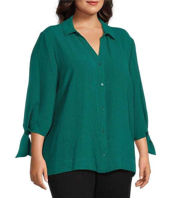 Slim Factor by Investments Plus Size Nicole Point Collar Y-Neck 3/4 Tie Sleeve Button Front Top Product Image