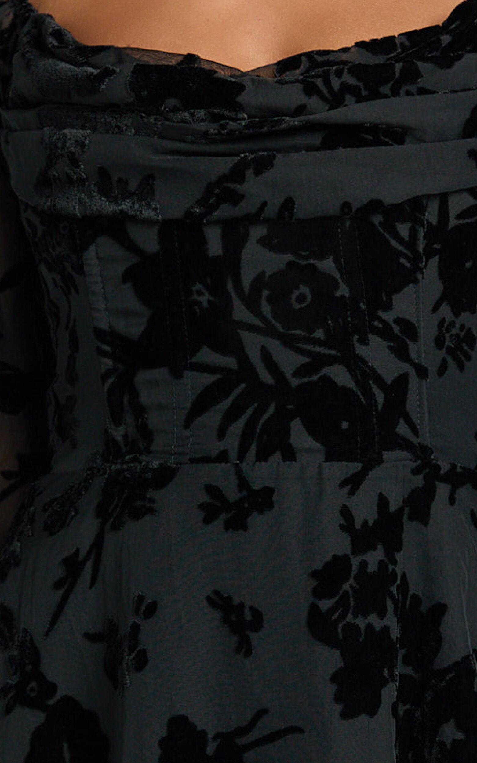 Jessell Mini Dress - Long Sleeve Cowl Corset Dress in Ebony Burnout Product Image