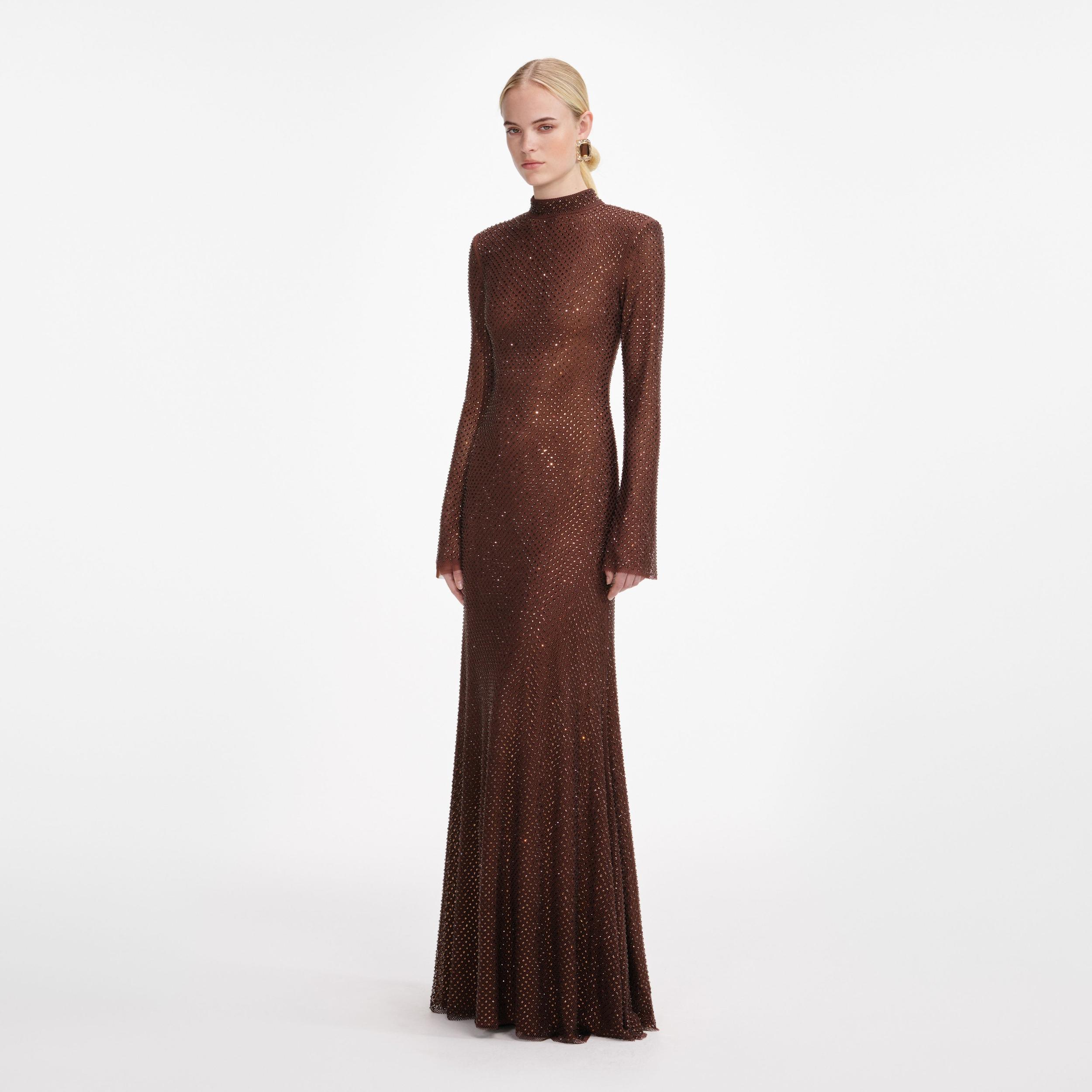 Brown Rhinestone Mesh Maxi Dress Product Image