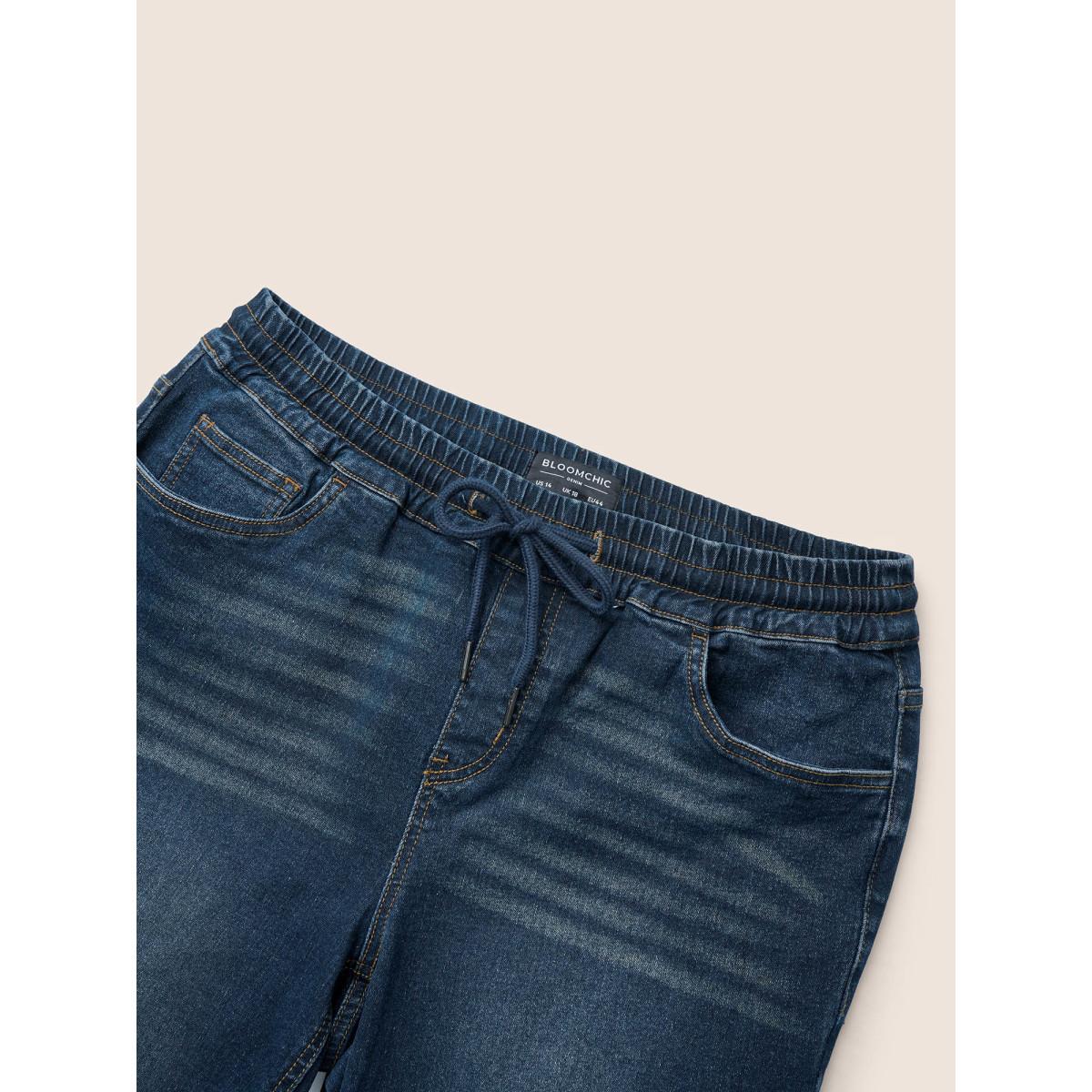 Plus Size Drawstring Elastic Waist Straight Leg Jeans Women Indigo Casual Plain Non High stretch Slanted pocket Jeans BloomChic 22/3X Product Image