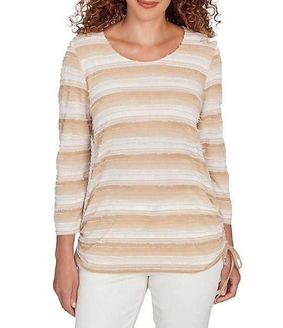 Ruby Rd. Petite Size Yarn-Dyed Eyelash Stripe Scoop Neck 3/4 Sleeve Adjustable Side Ties Top Product Image