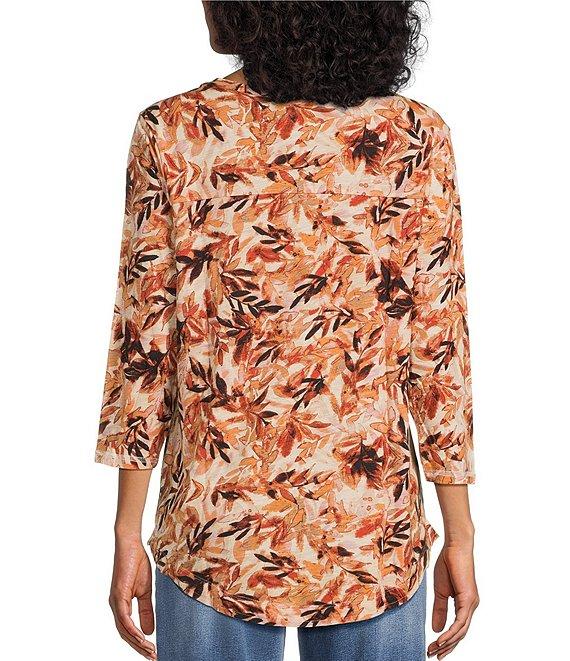 Westbound Petite Size Butter Cream Falls Leaves 3/4 Sleeve Crew Neck Knit Top Product Image