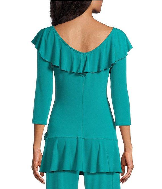 Eva Varro Knit Jersey V-Neck 3/4 Sleeve Asymmetric Ruffled Tunic Product Image