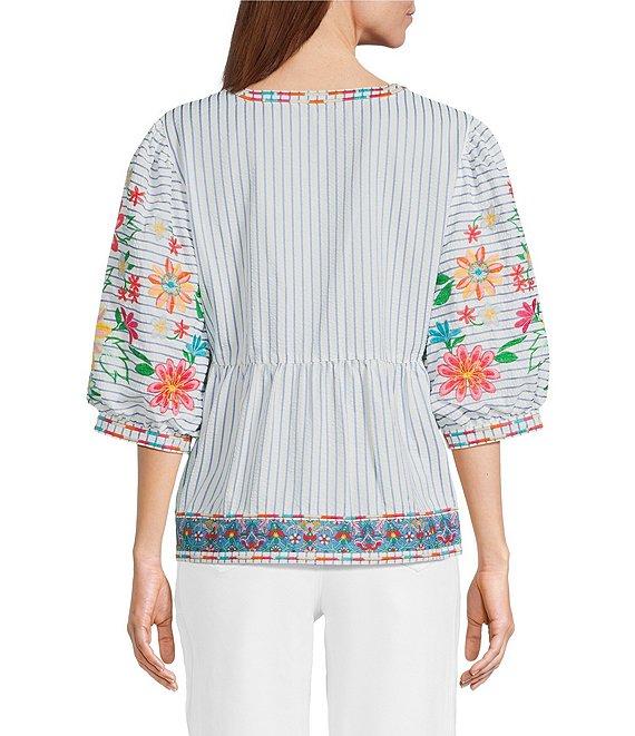 John Mark Petite Size Embroidered Floral Stripe Split V-Neck 3/4 Sleeve Top Product Image