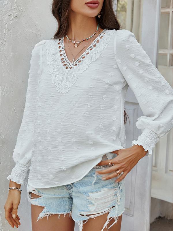 Long Sleeves Loose Elasticity Hollow Jacquard Solid Color V-Neck Blouses&Shirts Tops Product Image