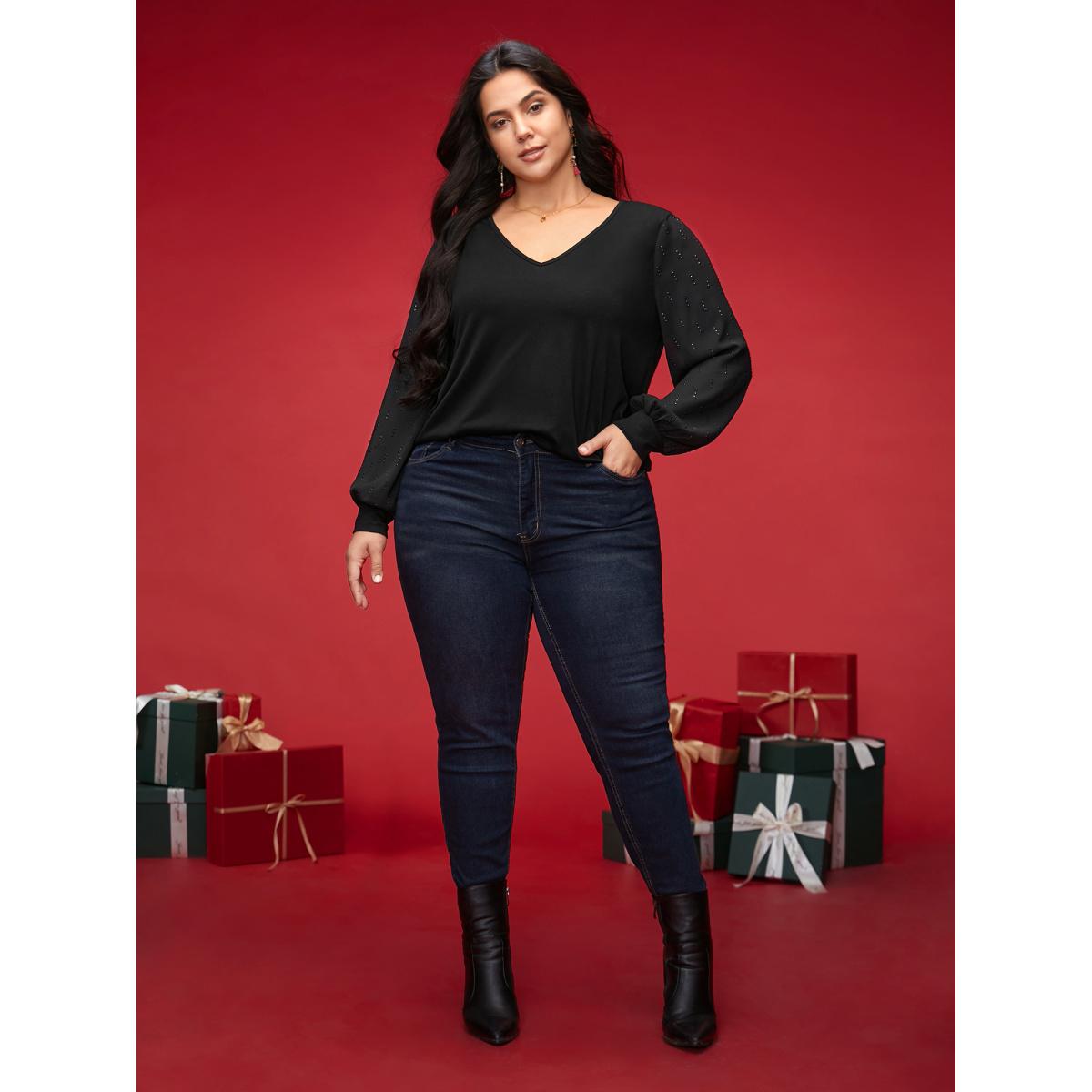 Plus Size Rhinestone Embellished Lantern Sleeves Tee Black Women Casual Non V-neck Everyday T-shirts BloomChic 18-20/2X Product Image