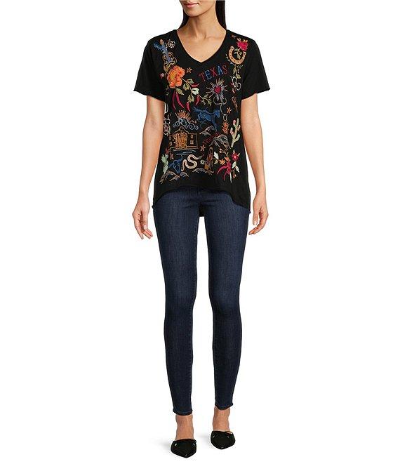 JOHNNY WAS Texas Every Day Embroidered Knit V-Neck Short Sleeve High-Low Hem Tee Shirt Product Image