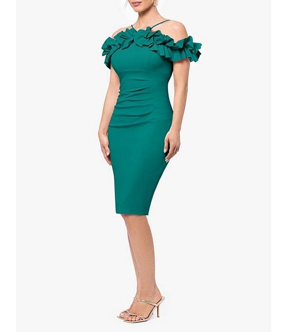 Xscape Scuba Crepe Off The Shoulder Halter Neck Ruffle Trim Pleated Dress Product Image