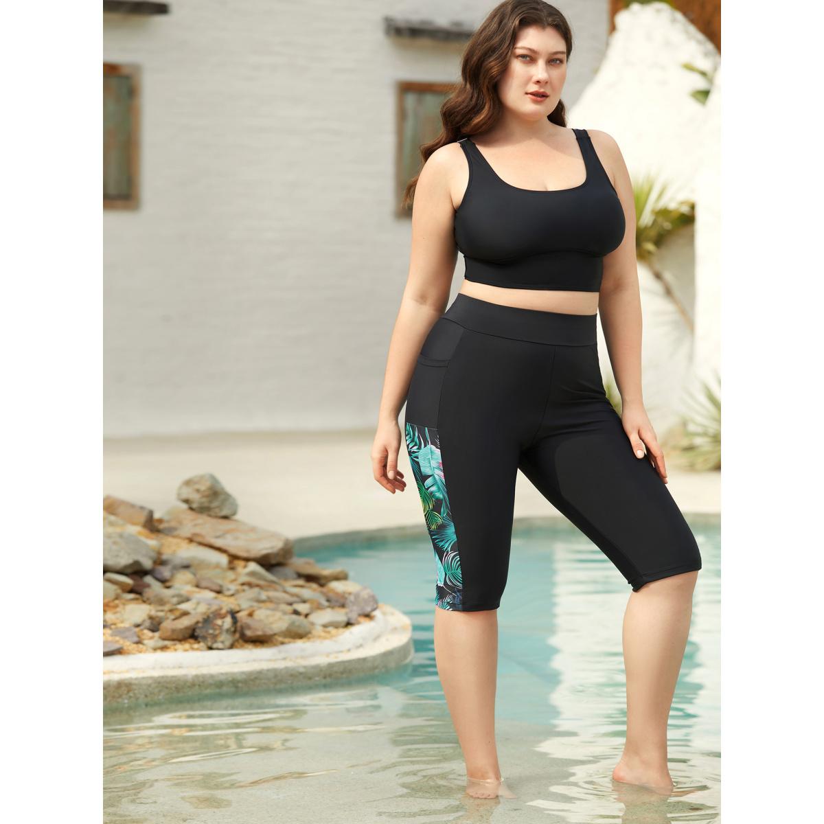 Plus Size Tropical Print High Waisted Tight Swim Bottoms Women's Swimwear Black Beach Patchwork High stretch Skinny High Rise Patch pocket Curve Swim Bottoms BloomChic 18-20/2X Product Image