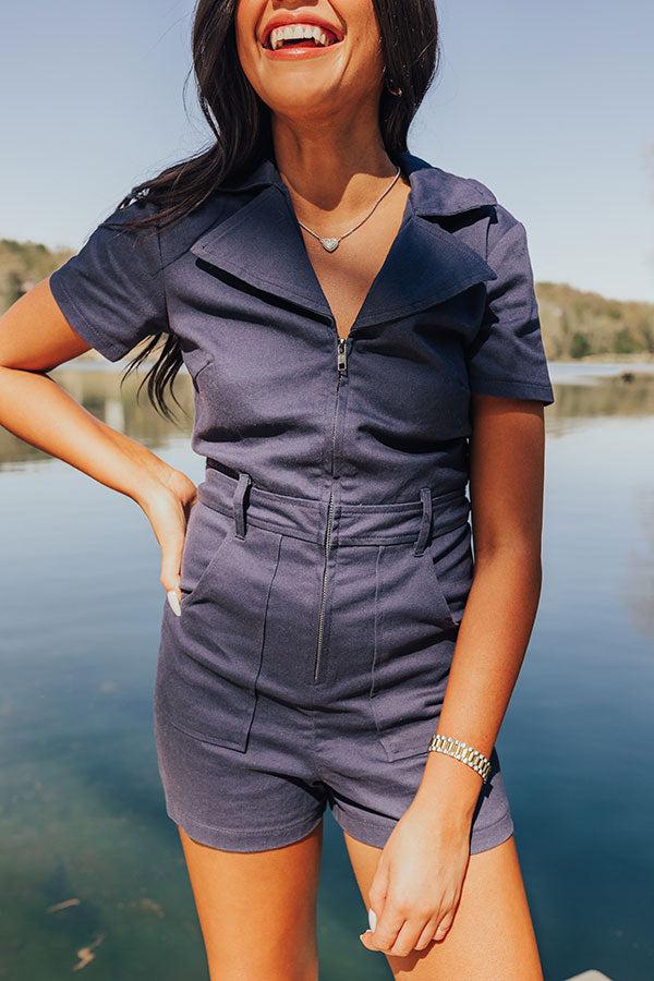 Stay Sophisticated Denim Romper In Navy Product Image