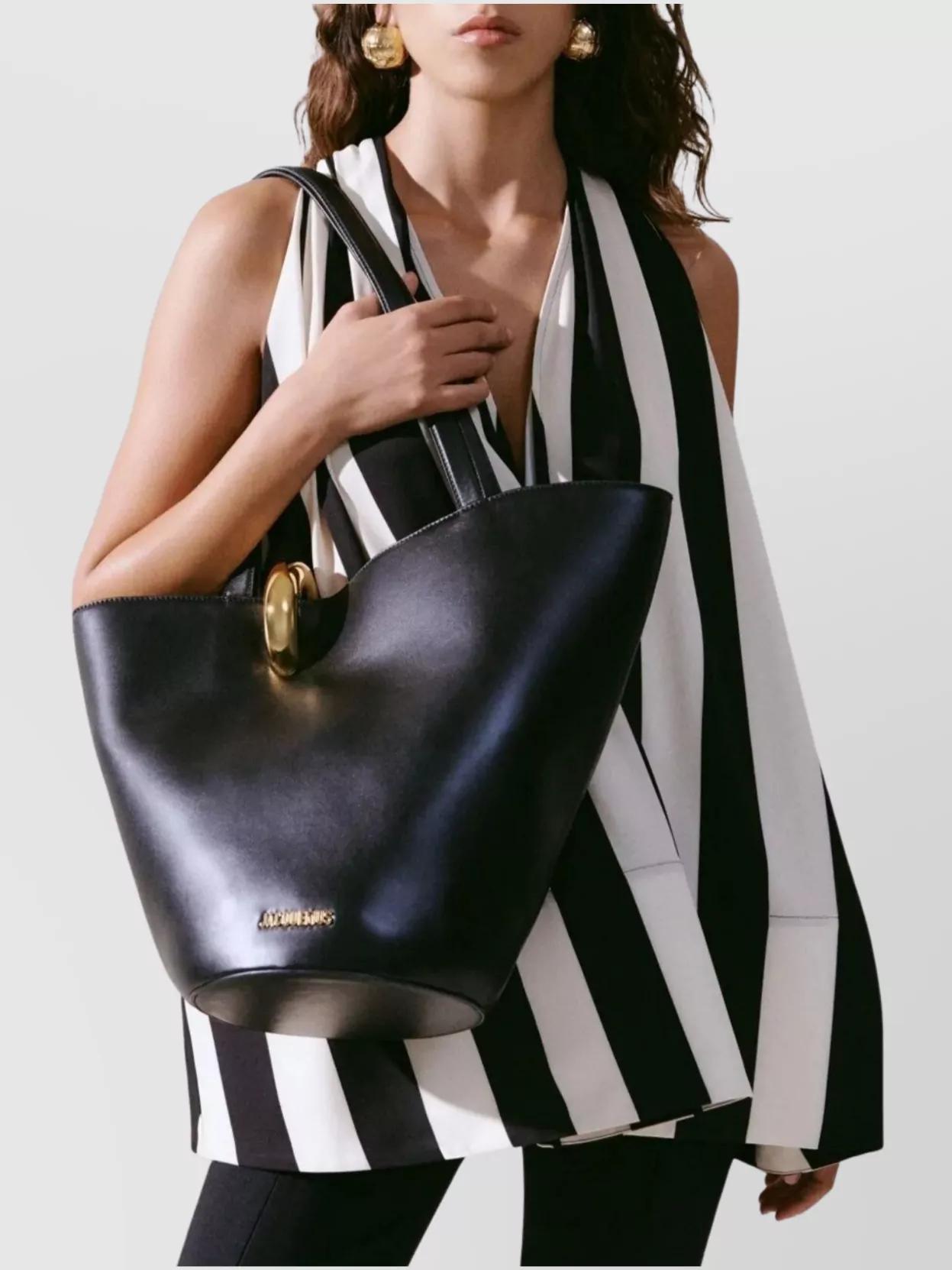 JACQUEMUS The Medium Bambola Asymmetric Leather Bucket Bag In Black 990 Product Image