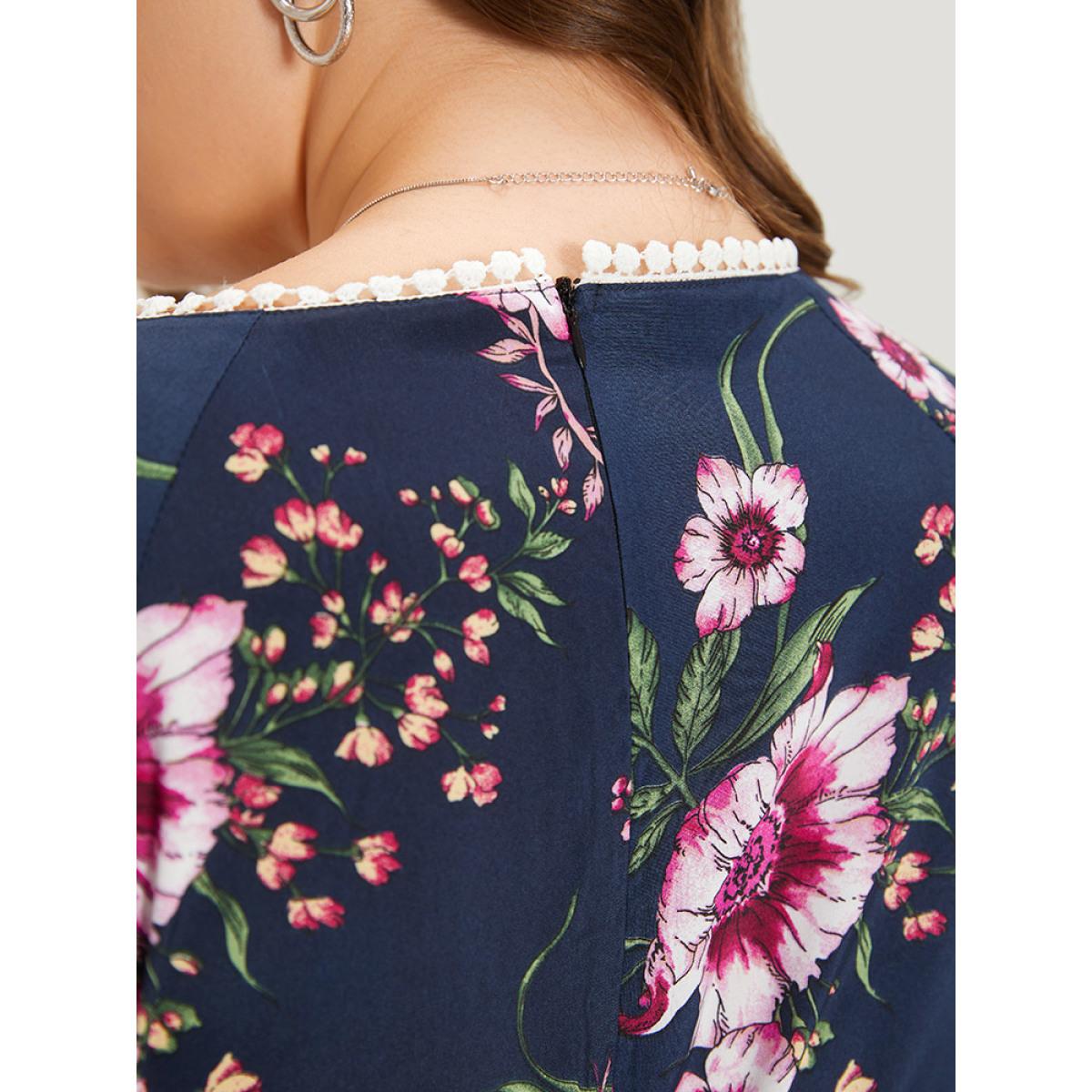 Plus Size DarkBlue Floral Print Overlap Collar Contrast Trim Pocket Jumpsuit Women Vacation Elbow-length sleeve V-neck Dailywear Loose Jumpsuits BloomChic 18-20/2X Product Image