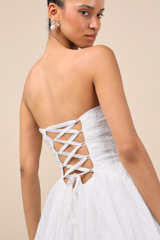 Analeia Ivory Jacquard Lace-Up Strapless Midi Dress Product Image