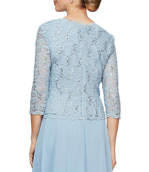 Alex Evenings Crew Neck 3/4 Sleeve Sequin Floral Lace Bodice Chiffon A-Line Midi Dress Product Image