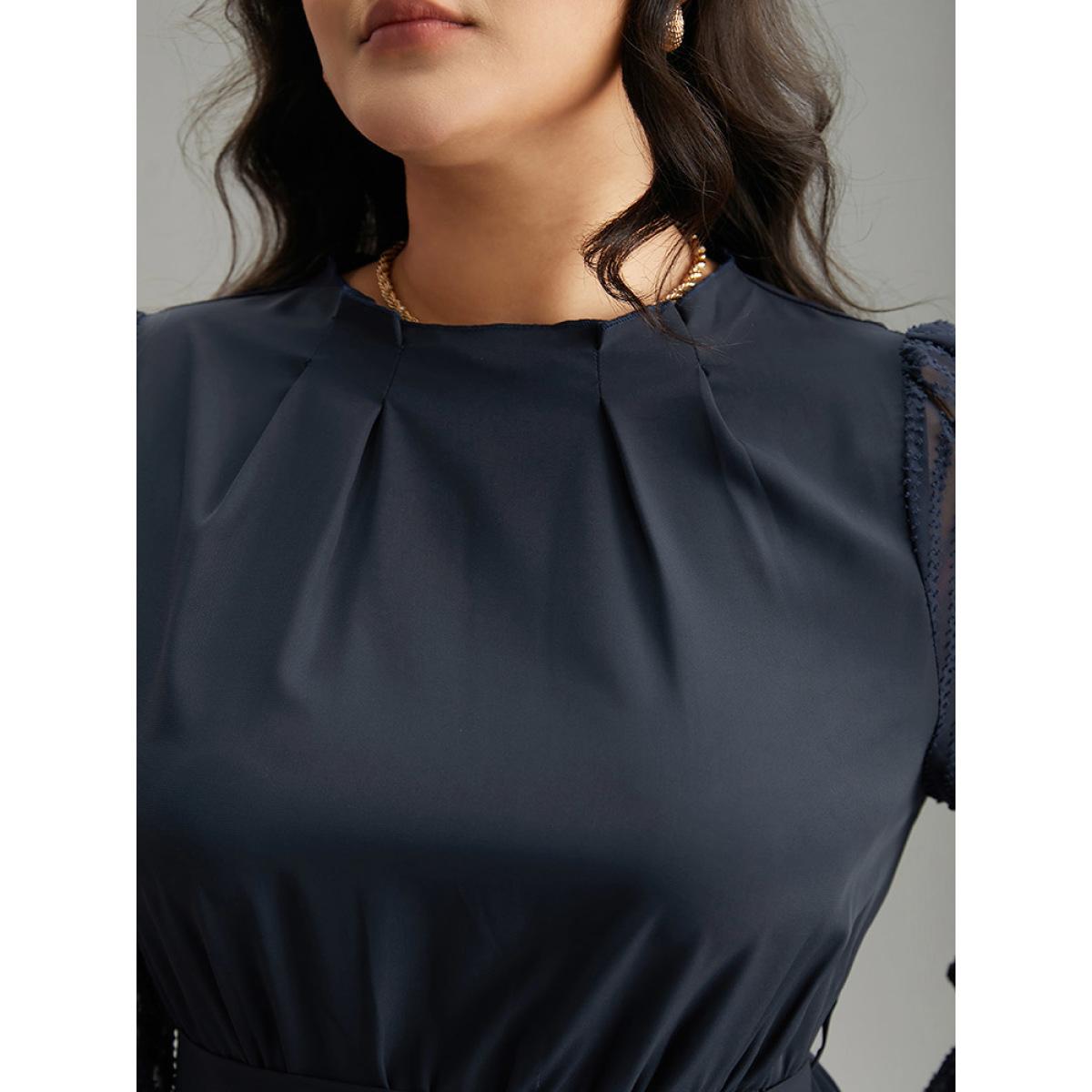 Plus Size Twill Mesh Patchwork Belted Plicated Detail Dress DarkBlue Women Elegant Texture Mock Neck Long Sleeve Curvy Midi Dress BloomChic 22-24/3X Product Image