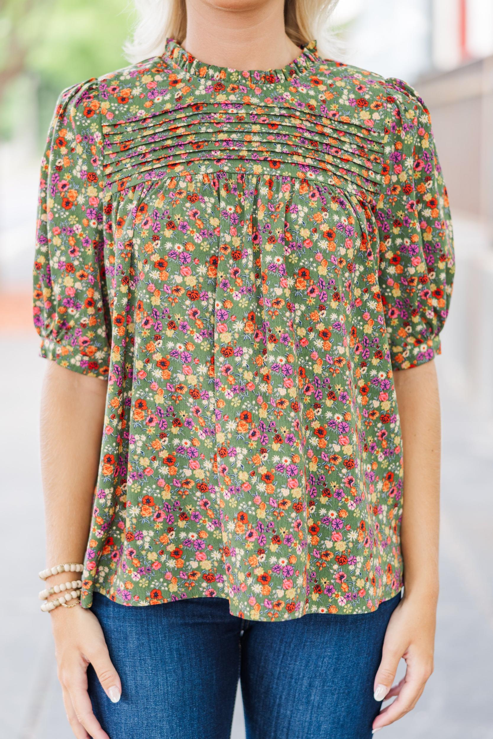 Make A Choice Olive Green Ditsy Floral Blouse Female Product Image