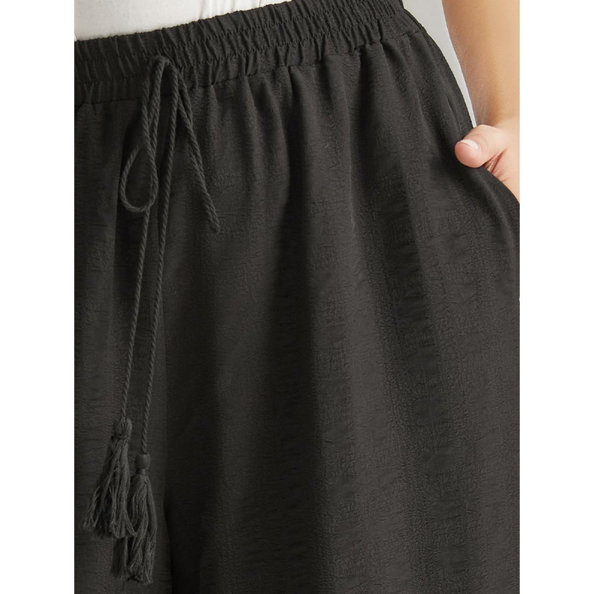 Plus Size Plain Tassel Knot Pocket Elastic Waist Pants Women Black Vacation Straight Leg High Rise Dailywear Pants BloomChic 22-24/3X Product Image