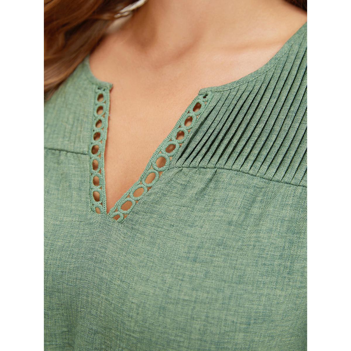 Plus Size Solid Pleated Detail Lace Pocket Ruffle Sleeve Dress Emerald Women Elegant Pleated V-neck Short sleeve Curvy Midi Dress BloomChic 18-20/2X Product Image