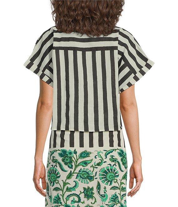 Mo Maya Stripe Print Notch Collar Short Sleeve Coordinating Button Front Shirt Product Image