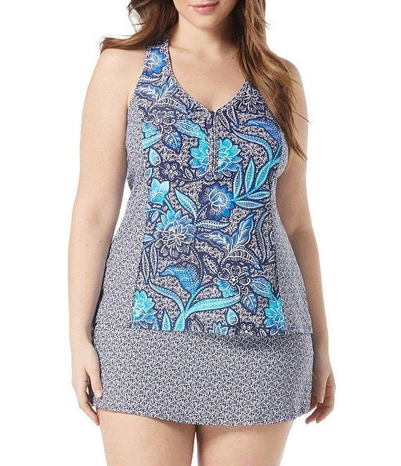 Beach House Plus Size Floral Erinna V-Neck Racerback Front Zip Tankini Swim Top Product Image