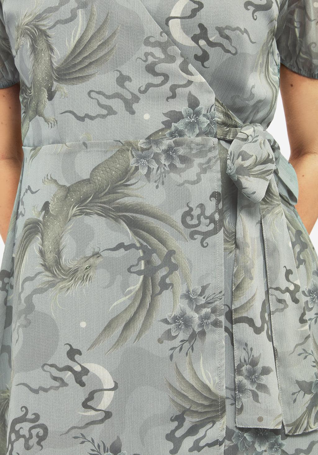 Sapphira Dragon Print Chiffon Mini Wrap Dress Product Image