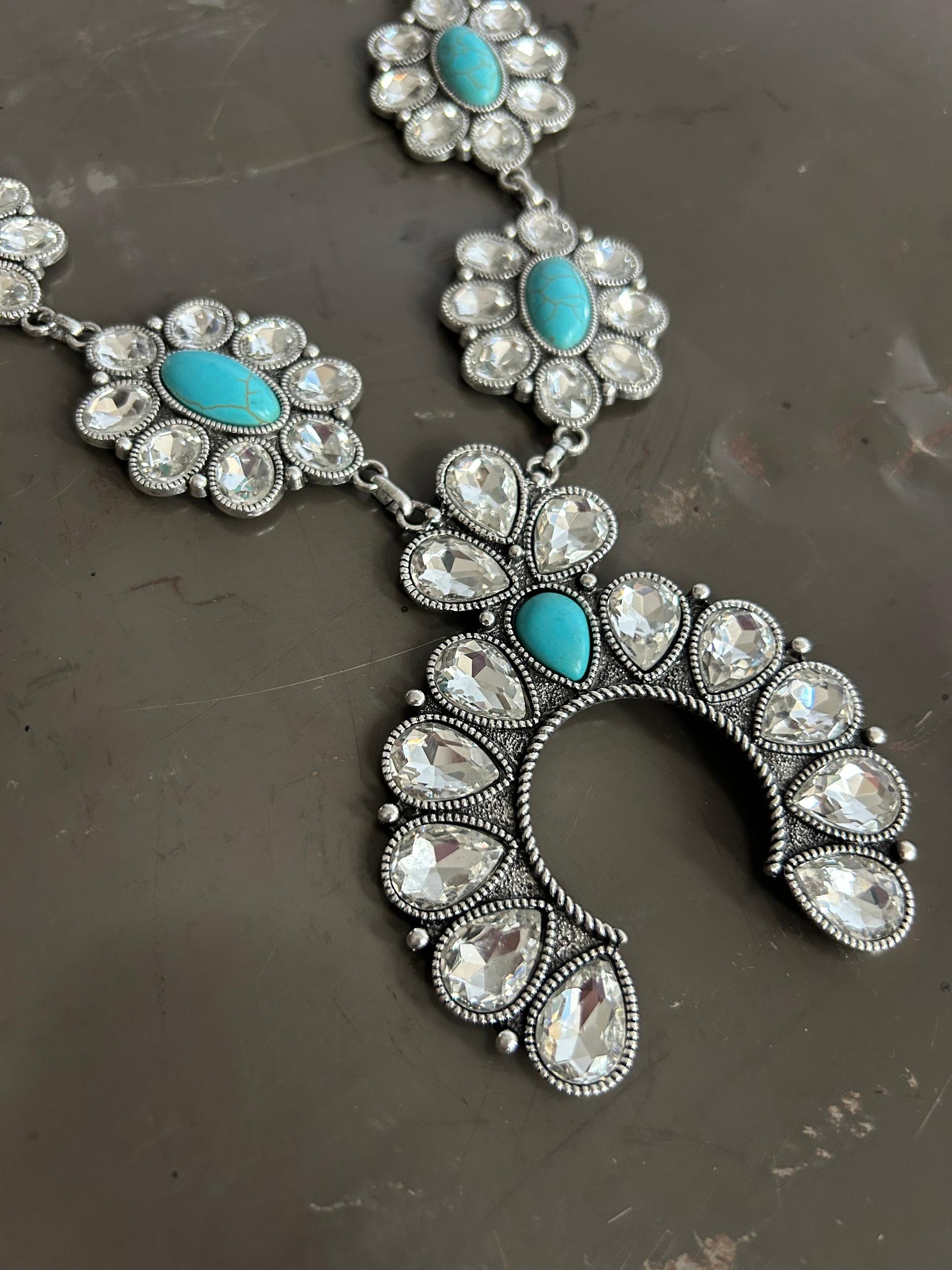 Rhinestone and Turquoise Stone Big Squash Necklace Product Image