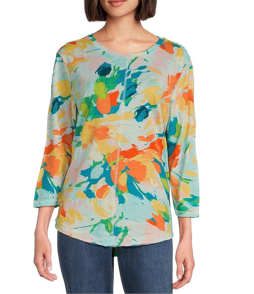 Westbound Paradise Floral 3/4 Sleeve Knit Crew Neck Top Product Image